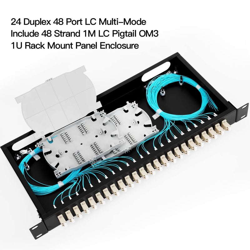 GESD 24 Duplex 48 Port LC-OM3 Multimode Fiber Enclosure Rack Mount Fiber Box LC-UPC Kit 1 RU Fits 19" Racks Cabinet (Include 2Pcs Splice Trays 48 Strand Pigtail 1M Cables Spool+48 Core LGX Loaded Patch - Image 2
